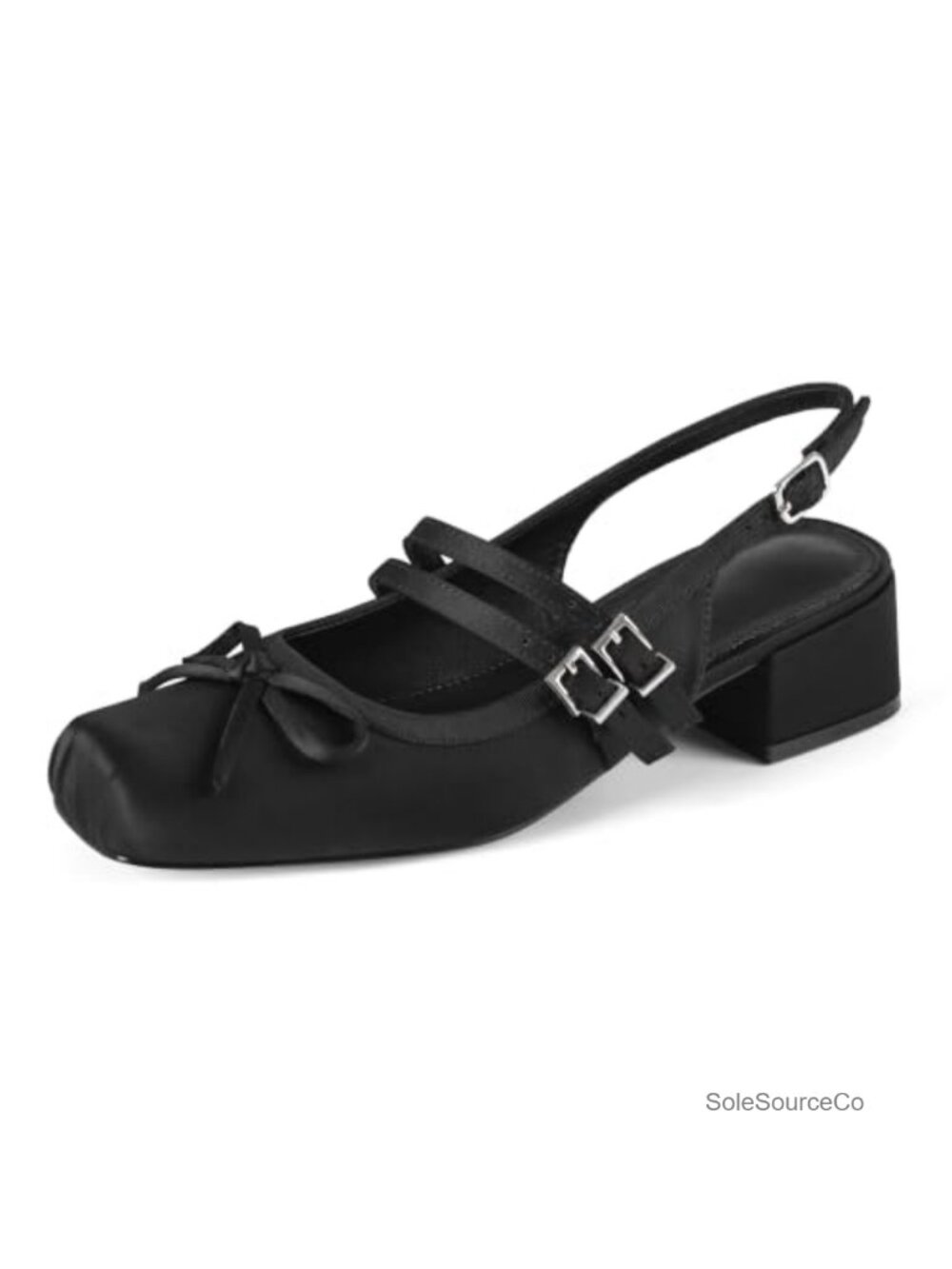 Women's Slingback Ballet Flats Satin Mary Jane Bow Pumps Square Toe Low Heel